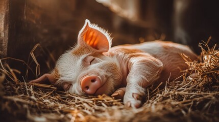 Obraz premium A piglet sleeping peacefully in straw bedding, warm natural lighting 