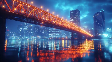 Naklejka premium Night city bridge over river, colorful lights reflecting. Possible stock photo use