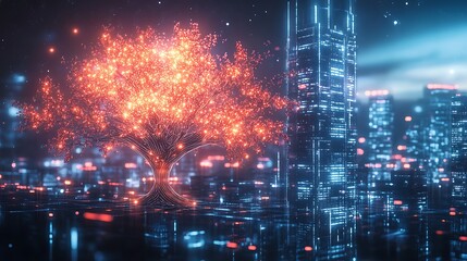 Vibrant AI-generated glowing tree spreading luminous branches over a high-tech city