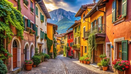 Fototapeta premium Picturesque town of Malcesine with medieval architecture and narrow streets lined with colorful buildings , historic, picturesque town