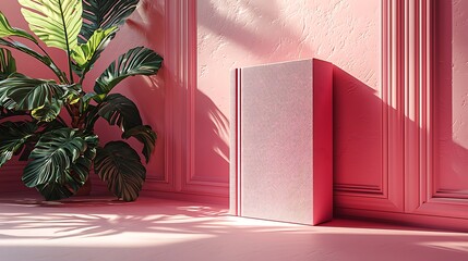 Pink book mockup, plant, sunlight, pink room, interior design