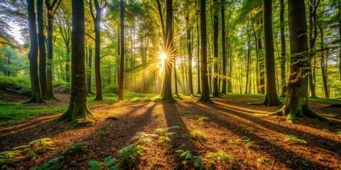 Obraz premium Warm sunlight filters through dense forest foliage