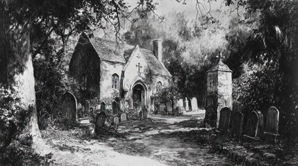 Fototapeta premium A rural churchyard with old military graves, evocative black-and-white sketch