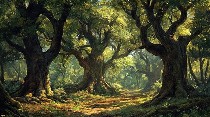 Fototapeta premium A serene forest scene filled with lush, towering trees and dappled sunlight filtering through the leaves. The path meanders gently through the foliage, creating an inviting atmosphere. The rich green 