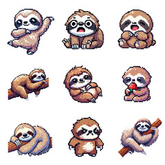 set collection cute sloth pixel art