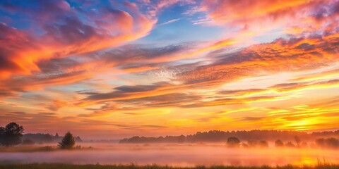 Softly glowing sunrise sky with gentle wisps of clouds in shades of light orange, pink and peach at dawn breaking over a serene landscape, sunrise, soft clouds
