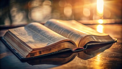 Detailed shot of an open Bible with a soft focus background, revealing intricate details and textures , spiritual reflection, devotion