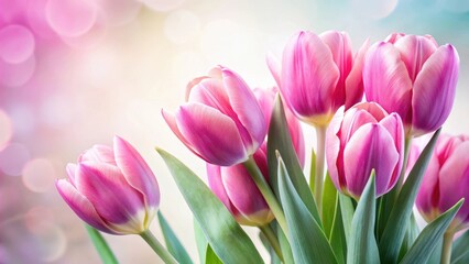 Naklejka premium Colorful Pink Tulip Flowers Against Soft White Background , spring flowers