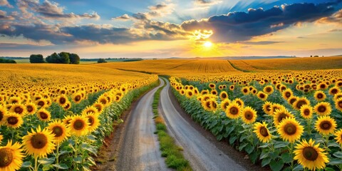 Fototapeta premium A winding country road meanders through a sea of bright yellow sunflowers that stretch as far as the eye can see in a picturesque summer landscape, rural landscape, fields of gold