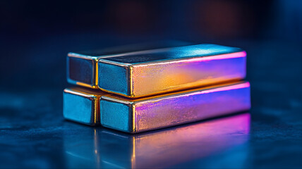 Shiny gold bullion bars with rainbow reflections, Modern financial store of value commodity and financial security concept