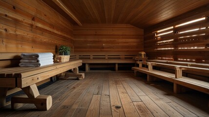 Wooden sauna interior with benches, towels, and plants.