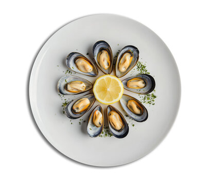 Plate of mussels with a lemon slice in the center