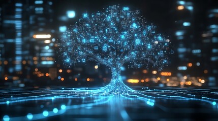 Radiant luminous tree symbolizing technology flourishing across high-tech cities