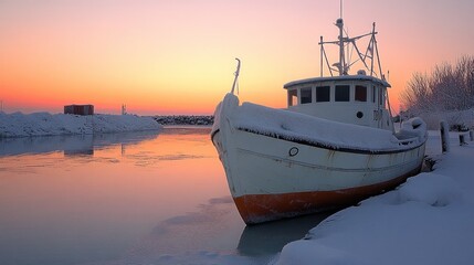 A snow-covered boat rests by a tranquil waterway at sunset, creating a serene winter scene.