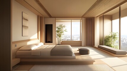 features a spacious and uncluttered Japanese minimalist room with clean lines and a serene ambiance