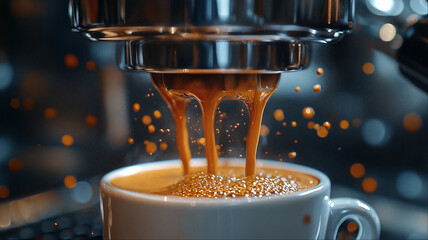 Professional espresso coffee brewing with droplets, Gourmet barista concept