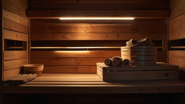 Wooden sauna interior with lighting, buckets, and towels.