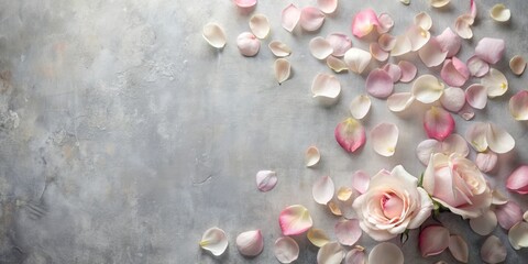 Fragrant rose petals scattered on a soft, muted grey abstract background, with delicate wisps of white texture blending seamlessly into the gentle hue, roses, abstract