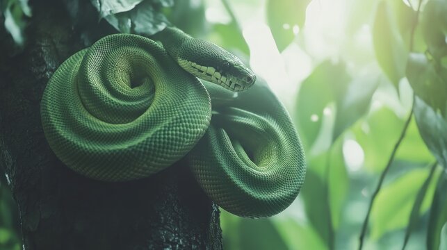 A vibrant green python coiled on a tree branch in a tropical rainforest, with soft light filtering through dense foliage 