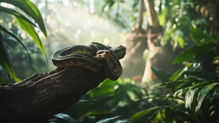Obraz premium A vibrant green python coiled on a tree branch in a tropical rainforest, with soft light filtering through dense foliage