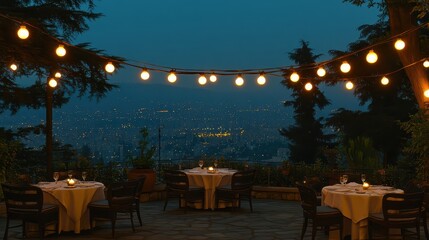Romantic rooftop dinner setup with string lights, a private chef, and a panoramic cityscape