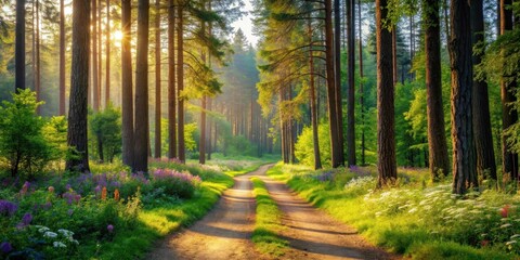 Obraz premium A serene forest landscape with tall trees and a winding dirt path leading into the distance, surrounded by lush greenery and vibrant wildflowers , concept, woods