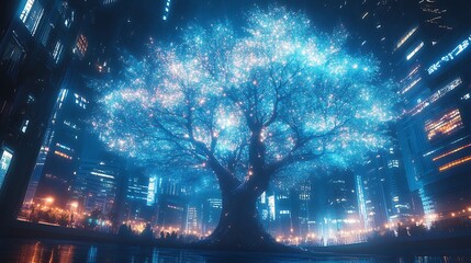 Stunning radiant tree with glowing branches spreading across urban landscapes