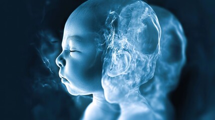 Naklejka premium Fetus Baby floating in mother's abdomen, CT scan view with blue background shows the condition of the fetus and early life