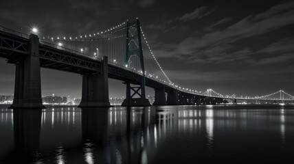 Obraz premium A dramatic monochrome view of a suspension bridge at night, spanning a calm river, reflecting city lights.