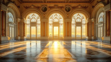 Fototapeta premium Sunlit Palace Ballroom, Sunrise View, Elegant Interior, Event Venue