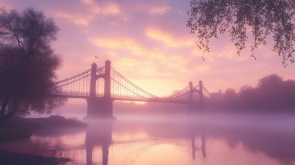 Obraz premium A cinematic view of a suspension bridge shrouded in a soft morning mist, with a warm pastel sky blending peach and lavender hues, early spring foliage sprouting on nearby trees
