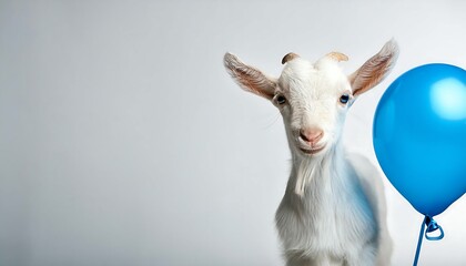 Fototapeta premium Small White Goat Kid with a Blue Balloon in a Serene Landscape