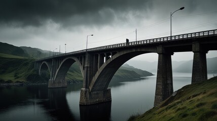 Fototapeta premium Majestic concrete arch bridge spanning a tranquil lake under a dramatic sky.