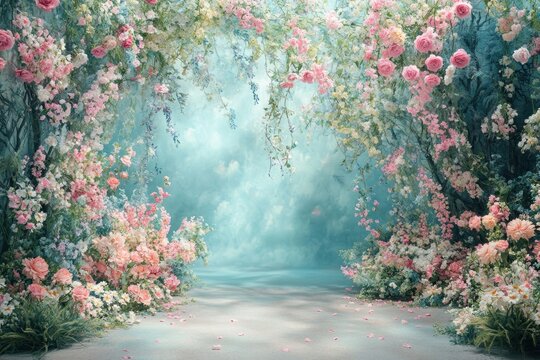 Floral archway, pastel roses, spring blossoms, dreamy path.