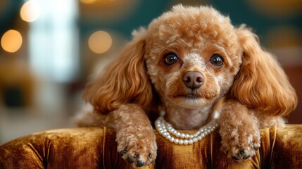 This charming poodle, adorned with pearls, rests elegantly on a plush couch, exuding an aura of luxury and companionship. The setting reflects warmth and playful sophistication.