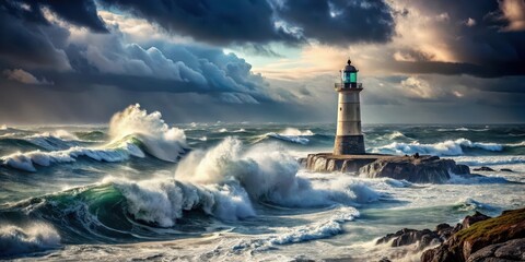Dramatic stormy seascape with a lone lighthouse standing tall against the turbulent ocean, rugged, coastline