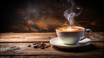 Fototapeta premium Steam rising from a cup of hot cappuccino coffee on a wooden table , cappuccino, steam