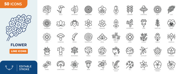 Flowers icon set. Containing rose, tulip, daisy, sunflower, lotus, lily, orchid, magnolia and more. Outline Icon Collection. Vector illustration. Editable stroke  © Cetacons