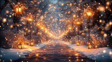 Snowcovered trees and a lanternlit trail for romantic winter strolls