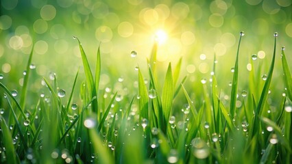 Fototapeta premium Softly lit lush green grass with subtle dew drops on its surface amidst a gentle spring breeze, fresh green grass