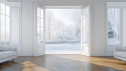 Fototapeta premium Open white double doors reveal heavy snowfall scene, showcasing winter wonderland view from modern interior with wooden floor and pristine walls in peaceful atmosphere.