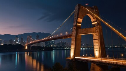Fototapeta premium Night cityscape with illuminated suspension bridge.