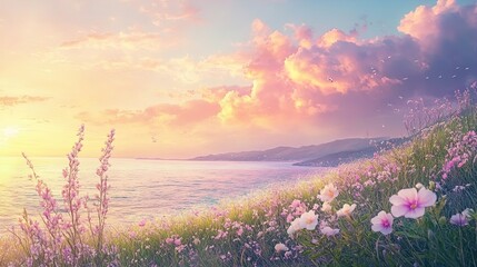 A serene coastal landscape featuring a vibrant sunset over a calm sea, with colorful clouds illuminated by soft light. In the foreground, a lush meadow is adorned with an array of wildflowers, includi