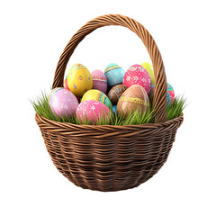 A 3D  festive Easter basket filled with colorful eggs isolated on a white background.
