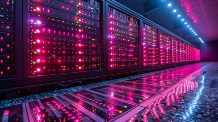 Modern Data Center Room With Rows of Server Racks, Network Hardware, and Glowing LED Lights