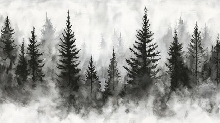 Obraz premium Misty forest: Monochrome watercolor painting of tall pines shrouded in fog.