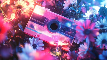 Generative artwork of a retro cassette surrounded by blooming flowers and soft light effects