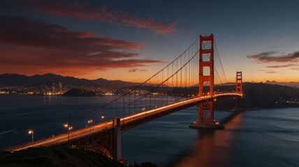 Fototapeta premium Golden Gate Bridge sunrise with city lights and traffic.