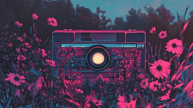 Generative illustration of a retro cassette with floral patterns in an enchanting setting