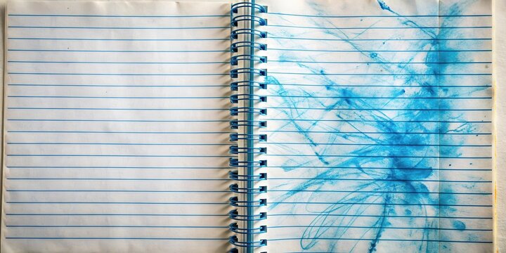 A scribbled notebook page with faint blue ink and scattered words in messy handwriting, paper texture, notebook pages